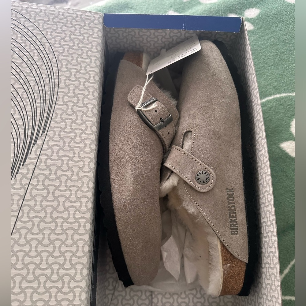 Birkenstock Boston Shearling Suede Leather Clog  - Stone Coin - Size 39